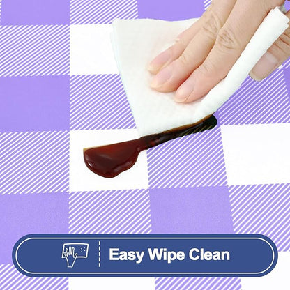 Smiry Picnic Table Cloth 2 Pack, Waterproof Elastic Fitted Tablecloths for 6FT Rectangle Tables, Washable Polyester Buffalo Plaid Tablecloth for Camping, Dining & Outdoor (Purple & White, 30" x 72")