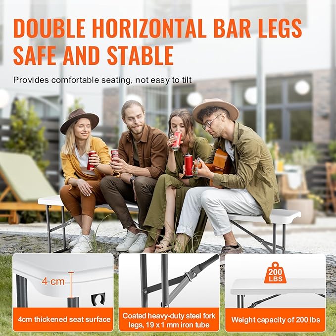 VEVOR Plastic Folding Bench, 6ft Portable Folding Bench, Smooth High Density Polyethylene Waterproof Outdoor Bench, Picnic Camping Table with Handle for Garden Soccer Playtime, White (2 Pack) | for Garden Playtime, Camping, Outdoor Event, Picnic Polyet...