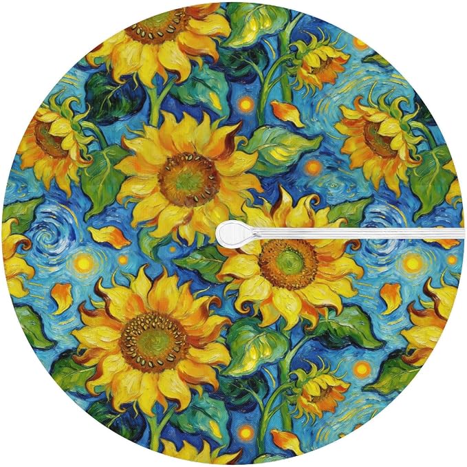 Oil Painting Sunflower Outdoor Round Fitted Tablecloth with Umbrella Hole and Zipper, 45"-56" Elastic Patio Table Cloth Oil-Proof Waterproof Patio Table Cover for Picnic Party Camping