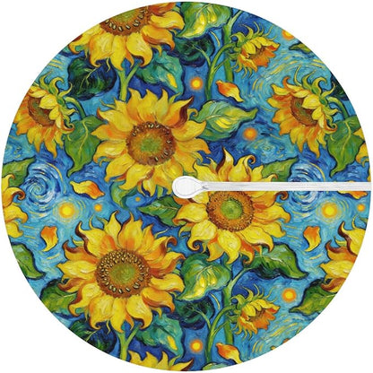 Oil Painting Sunflower Outdoor Round Fitted Tablecloth with Umbrella Hole and Zipper, 45"-56" Elastic Patio Table Cloth Oil-Proof Waterproof Patio Table Cover for Picnic Party Camping