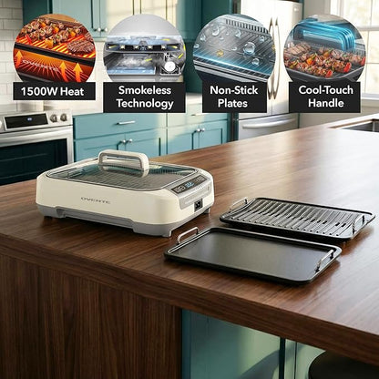 OVENTE Smokeless Indoor Grill, 1500W Electric Portable Korean BBQ Grill with One-Touch Control, LED Smart Display, Tempered Glass Lid, Two Removable Non-Stick and Dishwasher Safe Plates, White SGR85W