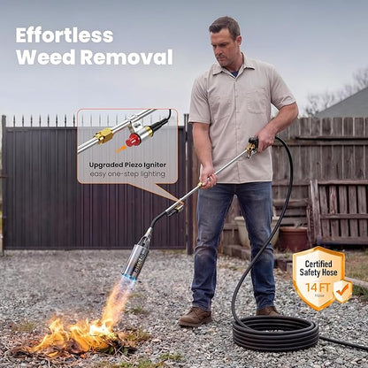 Propane Torch Weed Burner, 14FT Hose for Weeding,BBQ,Roof and Asphalt Work | High Output Propane Weed torch with Self Igniter and Turbo Trigger, 2-in-1 Two Modes Design