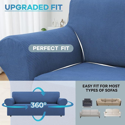 LURKA Stretch Couch Cover for Sofa, 1 Piece 3 Cushion Slipcover, Blue | Soft Stretch Jacquard, Fits 78"-94" Sofas, Elastic Bottom for Secure Fit, Machine Washable, Pet & Kid Friendly
