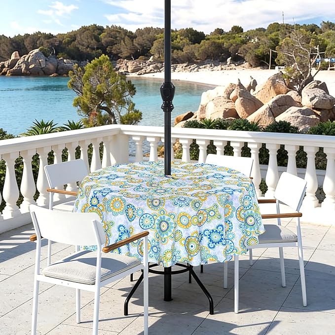 Poise3EHome 60 inches Outdoor/Indoor Waterproof Spillproof Round Tablecloth with Umbrella Hole for Camping, Picnic, Patio, Party, Spring, Floral