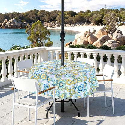 Poise3EHome 60 inches Outdoor/Indoor Waterproof Spillproof Round Tablecloth with Umbrella Hole for Camping, Picnic, Patio, Party, Spring, Floral