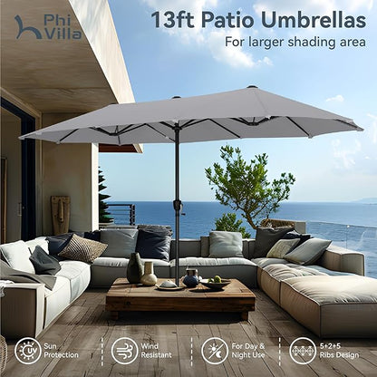 PHI VILLA 13ft Large Patio Umbrellas, Double-Sided Outdoor Market Rectangle Umbrella for Outside, Light Gray