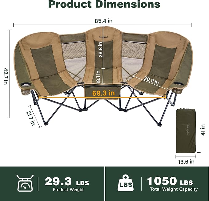 SUNNYFEEL 3 Person Camping Chair Oversized Loveseat for Adults | 1050LBS Heavy Duty Folding Couch with 2 Cup Holder Padded Headrest, Storage Pockets & Carry Bag for Camping/ Lawn/ Backyard