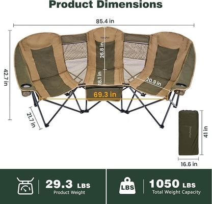 SUNNYFEEL 3 Person Camping Chair Oversized Loveseat for Adults | 1050LBS Heavy Duty Folding Couch with 2 Cup Holder Padded Headrest, Storage Pockets & Carry Bag for Camping/ Lawn/ Backyard