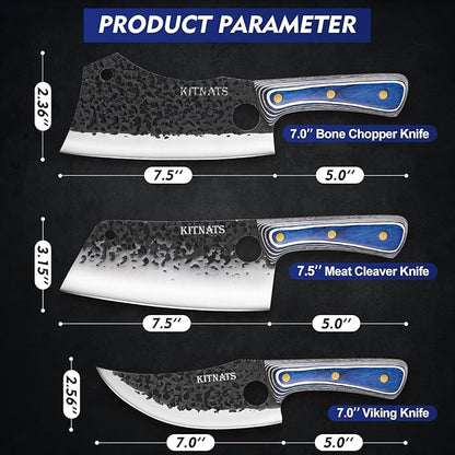 KITNATS 3PCS Butcher Knife Set, Hand Forged kitchen Knife Set-Heavy Duty Bone Chopper & Meat Cleaver & Viking Chef Knife Set for Home, Outdoor Cooking, Camping BBQ