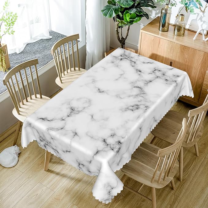 70x108inches White Marble Tablecloth Black Grey Marbling Granite Surface Texture Decorative Table Cloth Waterproof Stain & Wrinkle Resistant Table Cover for Kitchen Dinning Party Supplies