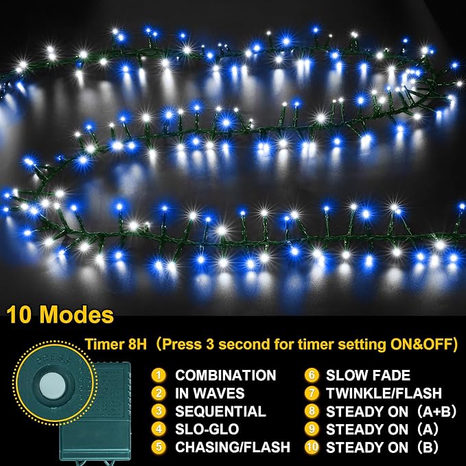 500 LED Blue White String Lights, 46ft 16 Modes Plug in Twinkle Fairy Lights, Waterproof Blue LED Christmas Lights Outdoor for Christmas Tree Bedroom Party Wedding Decor