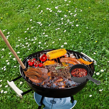 BBQ Mop Brush and Cast Iron Sauce Pot Set, 11-in-1 Value Pack includes 2Pcs Wooden Long Handle, 6 Brush Heads, 1 Cast iron BBQ Pan and 2 Silicone Brushes for Grilling all Types of Ingredients