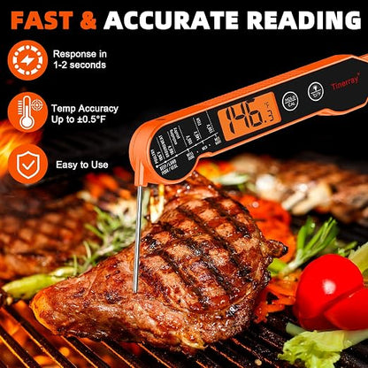 Professional Digital Meat Thermometer Instant Read Waterproof – Folding Probe Food Thermometer with Backlight & Calibration, Fast Read for BBQ, Grill, Deep Fry, Liquids, Gift for Chef (Orange)