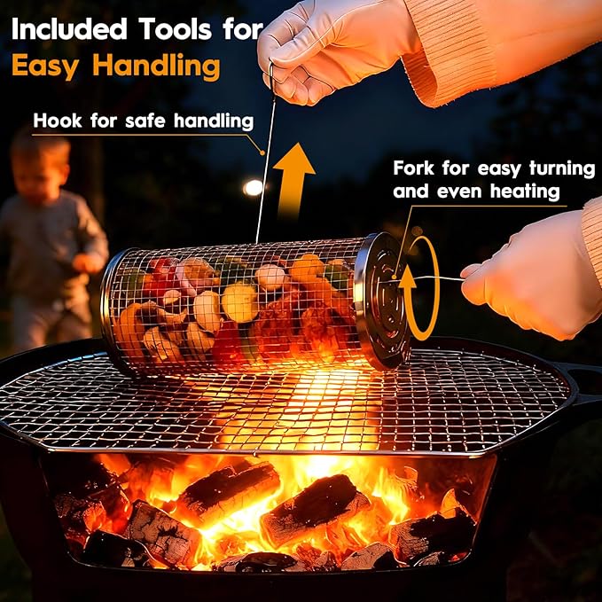 3 Pcs Rolling Grill Baskets for Outdoor Grill Accessories, BBQ Grilling Basket for Vegetables Shrimp Kebob, Outdoor Cooking Camping, Birthday Gifts for Men Dad Husband
