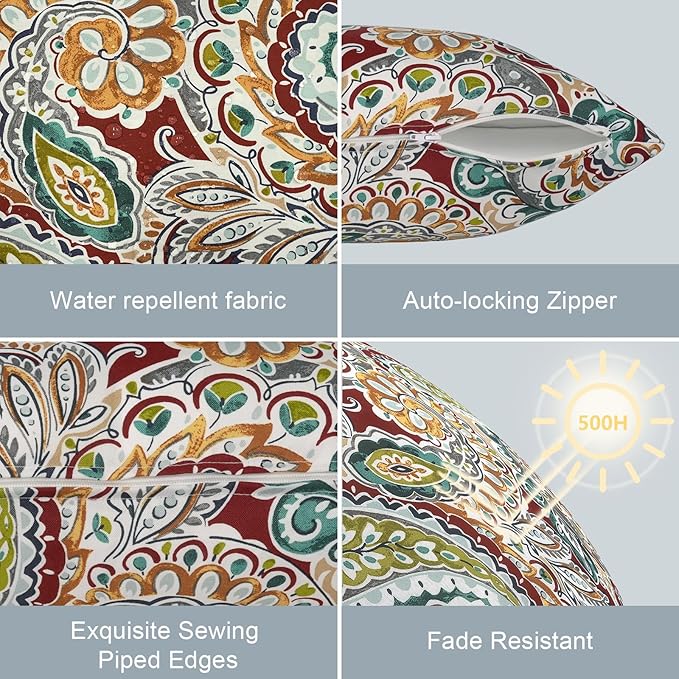 LVTXIII Outdoor/Indoor Lumbar Pillow Covers ONLY, Decorative Patio Lumbar Cushion Covers,Water Repellent Garden Cushion Cases for Home Patio Sofa Use, 12x20 inch, Pack of 2, Paisley Chilli