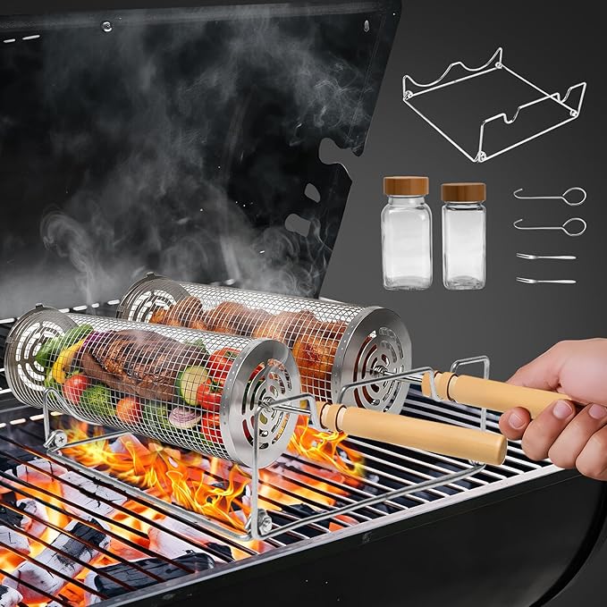 Rolling Grill Basket,Removable Wooden Handle with Condiment Bottle and Stand, 304 Stainless Steel,Nesting BBQ Tools, Smoker Grilling Accessories for Vegetable Shrimp, Birthday Gifts for Men Dad Husban