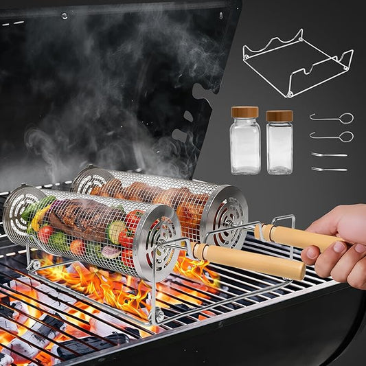 Rolling Grill Basket,Removable Wooden Handle with Condiment Bottle and Stand, 304 Stainless Steel,Nesting BBQ Tools, Smoker Grilling Accessories for Vegetable Shrimp, Birthday Gifts for Men Dad Husban