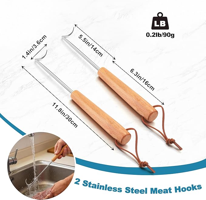 Stainless Steel Pigtail Food Flipper, HaSteeL 11.8” Meat Turner Hook for Right Handed, Grill Accessories Steak Flippers With Wooden Handle for Outdoors Griddle BBQ Grilling Kitchen Cooking, Small