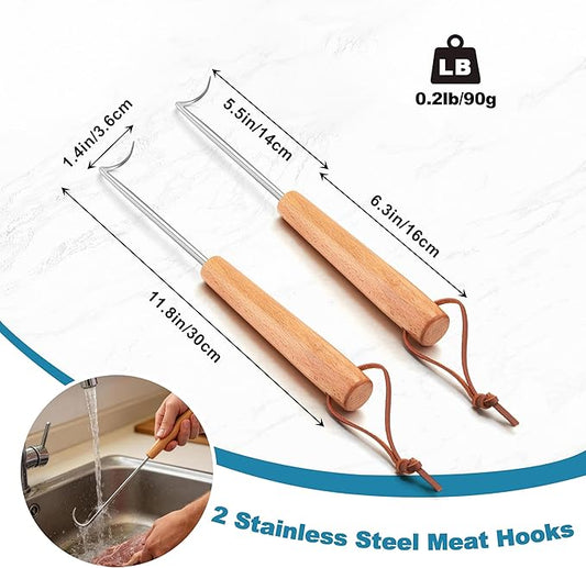 Stainless Steel Pigtail Food Flipper, HaSteeL 11.8” Meat Turner Hook for Right Handed, Grill Accessories Steak Flippers With Wooden Handle for Outdoors Griddle BBQ Grilling Kitchen Cooking, Small