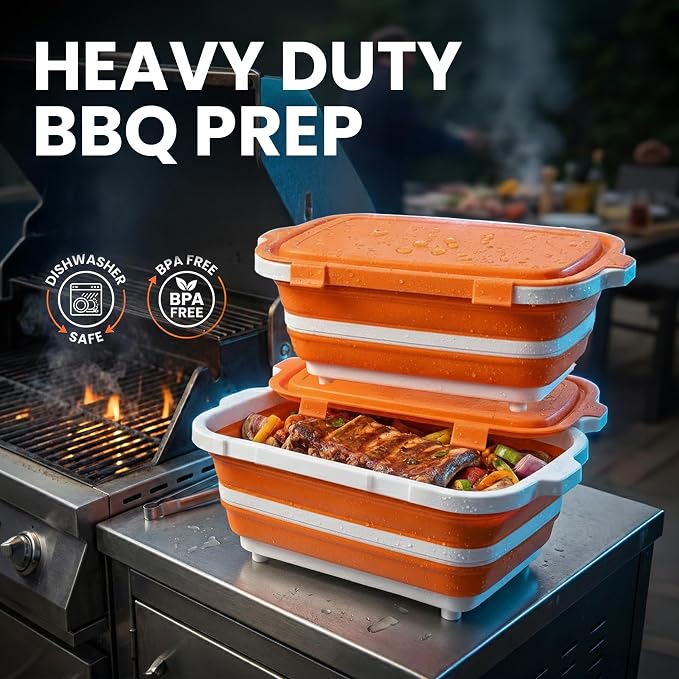 BBQ Prep Tub 2 Pack (8L+8L) - Multifunctional Collapsible Camping Cutting Board with Upgraded Locking Lid, Meal Prep Meat Storage Container Perfect for Grilling, Outdoor Cooking (Large x 2)