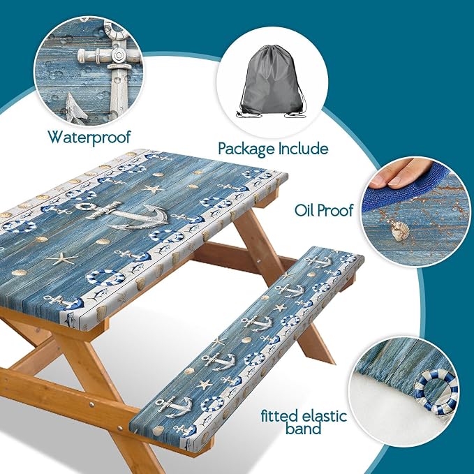 Picnic Table Cover with Bench Covers Elastic Edges, Navy Blue Nautical Anchor Table Cover, Waterproof Windproof Fitted, for Outdoor Camping Patio Garden BBQ, Drawstring Bag, 96 Inch 3PCS