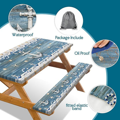 Picnic Table Cover with Bench Covers Elastic Edges, Navy Blue Nautical Anchor Table Cover, Waterproof Windproof Fitted, for Outdoor Camping Patio Garden BBQ, Drawstring Bag, 60 Inch 3PCS