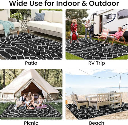 Smiry Outdoor Rug 5x8 ft Waterproof Reversible Boho Mat, Black | Polypropylene Plastic Straw, Quick Drying, Lightweight Foldable, for Patio, Deck, RV Camping, Backyard and Indoor Outdoor Use