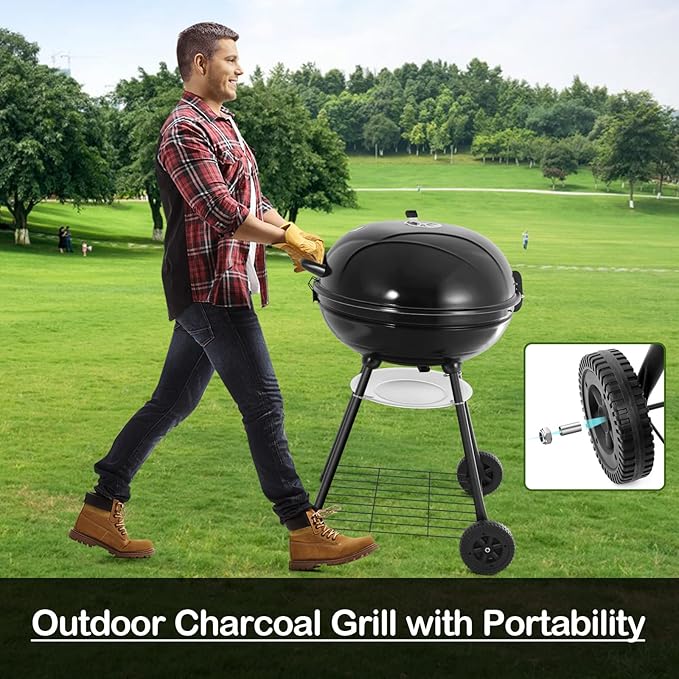 HaSteeL 22-Inch Kettle Charcoal Grill, Portable BBQ Gill with Wheels for Outdoors Barbecue, Camping, Picnic, Backyard, Tailgating, Beach, Storage Rack & 355 SQ.In Cooking Area, Black Porcelain Enamel
