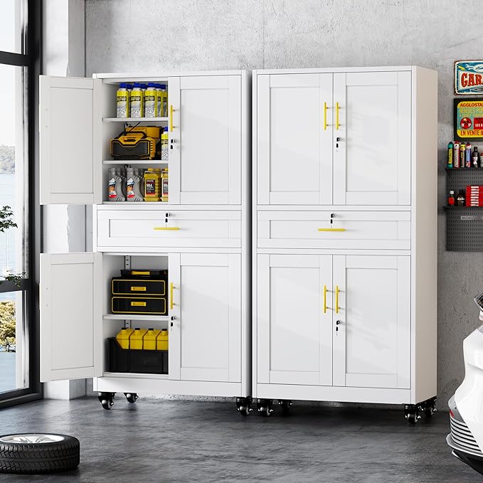 GAIOUS Metal Garage Storage Cabinet with Wheels and Drawer, Steel File Cabinet for Home Office, 71'' Tall Tool Cabinet with 4 Locking Doors and 3 Adjustable Shelves, Rolling Cabinet for Garage - White