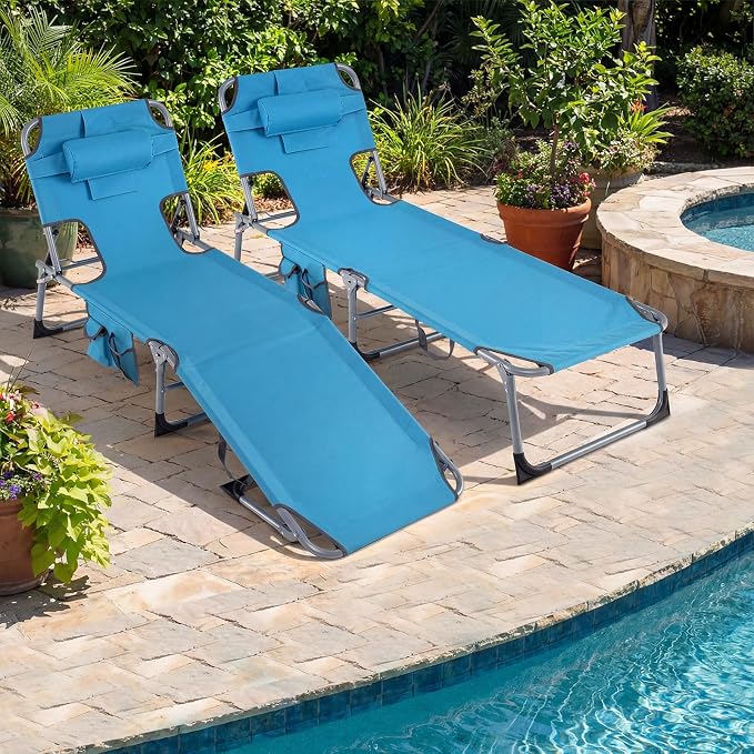 Goplus Tanning Chair, Folding Beach Lounge Chair with Face &Arm Hole, Position Adjustable,Removable Pillow,Side Pocket, Sunbathing Chair, Portable Outdoor Lounge Chair for Patio Pool