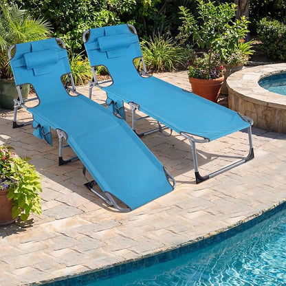 Goplus Tanning Chair, Folding Beach Lounge Chair with Face &Arm Hole, Position Adjustable,Removable Pillow,Side Pocket, Sunbathing Chair, Portable Outdoor Lounge Chair for Patio Pool