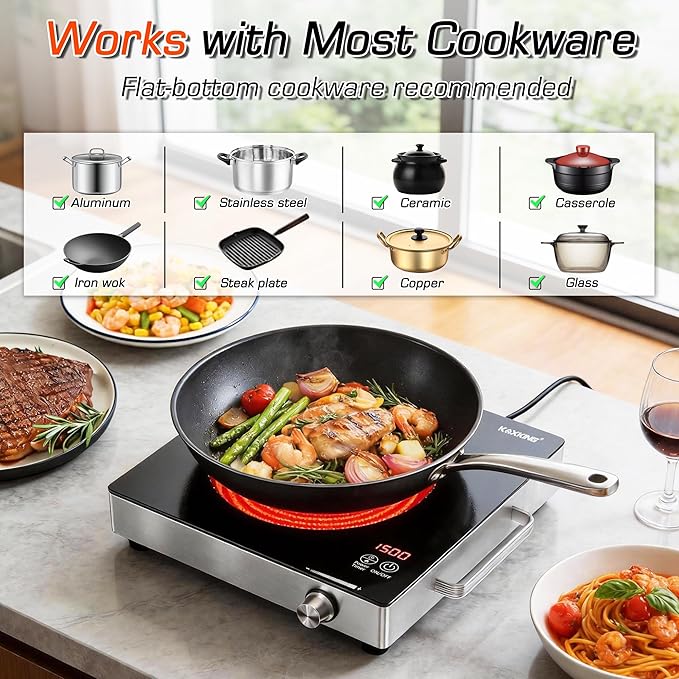 1500W Portable Infrared Hot Plate, Single Burner Electric Cooktop with Knob Control & 3-Hour Timer, Countertop Ceramic Burner with Handle, Works with All Cookware