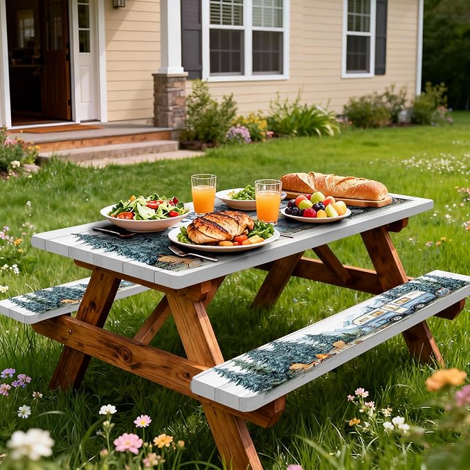 Picnic Table Cover with Bench Covers Elastic Edges, Outdoor Patio Camping Essentials 72 Inch 3PCS, Camper Fitted Table Cover, Waterproof Rectangle Tablecloth with Drawstring Bag,Blue White