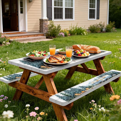Picnic Table Cover with Bench Covers Elastic Edges, Outdoor Patio Camping Essentials 96 Inch 3PCS, Camper Fitted Table Cover, Waterproof Rectangle Tablecloth with Drawstring Bag,RV