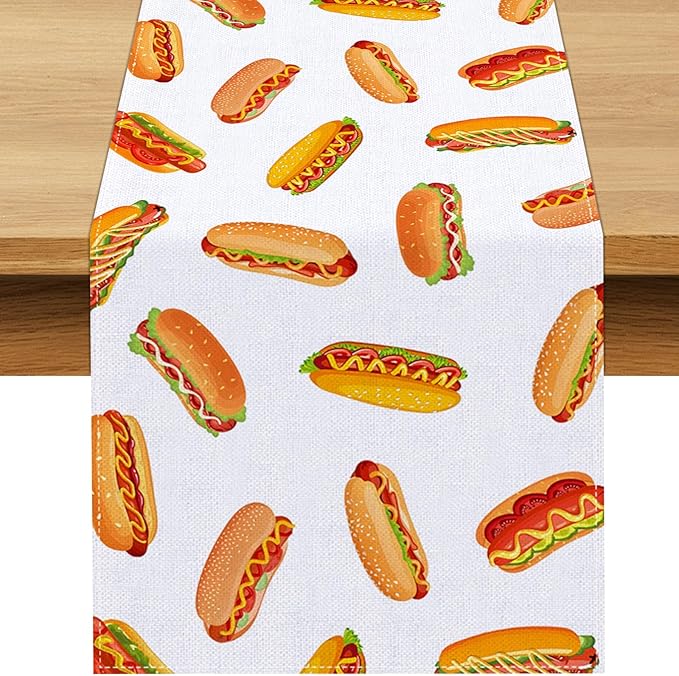 Hot Dog Table Runner Hot Dog Day Birthday Party Decoration Fast Food Sausage Dining Room Home Kitchen Table Decor (13" x 90")