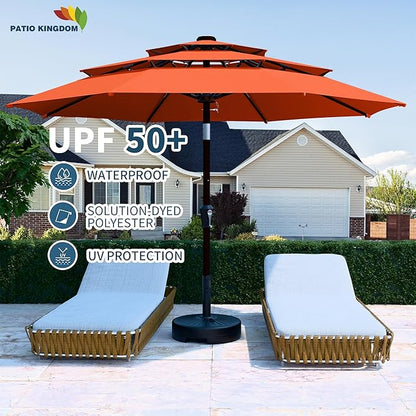 PatioKingdom 9ft 3-Tier Patio Market Umbrella with Crank/Tilt, Commercial Heavy Duty Wind Proof,Outdoor Table Umbrella with 8 Fiberglass Ribs,UPF50+ for Deck,Pool,Garden,Backyard (Orange)