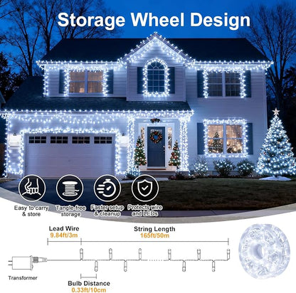 Cool White Christmas Fairy String Lights, 165FT 500L Indoor Outdoor | 8 Modes with Memory, IP65 Waterproof, Clear Wire, Tangle-Free Design for Classroom Bedroom Garden Wedding Party