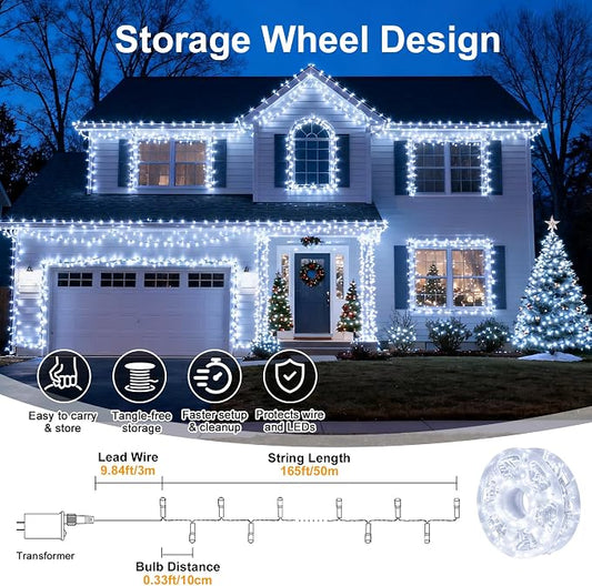 Cool White Christmas Fairy String Lights, 165FT 500L Indoor Outdoor | 8 Modes with Memory, IP65 Waterproof, Clear Wire, Tangle-Free Design for Classroom Bedroom Garden Wedding Party