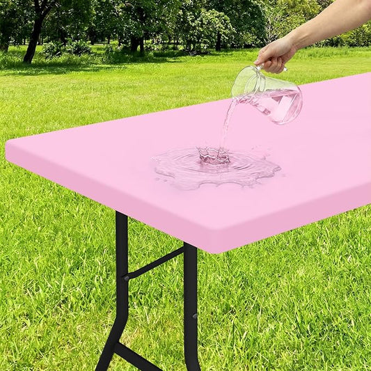 Smiry Rectangle Tablecloth, Elastic Fitted Flannel Backed Vinyl Tablecloths for 4ft Folding Tables, Waterproof Wipeable Table Covers for Valentine's Day, Outdoor, Picnic and Camping (Pink, 24"x48")