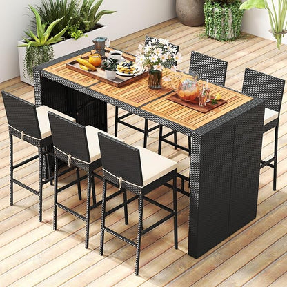 7 Piece Patio Wicker Bar Set, Rattan Bar Stools Set for Bistro with Acacia Wood Tabletop & Seat Cushions, Outdoor High Top Table and Chairs for Backyard Garden Porch Poolside (73 Inch)