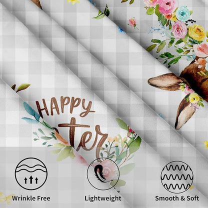Sweetshow Happy Easter Wreath Table Cloth Round Colorful Flowers Grey White Buffalo Plaid Rabbit Tablecloth 70 Inch Decor Washable Stain and Wrinkle Spring Floral Round Table Cover for Dining Picnic