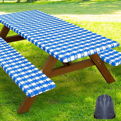 Smiry Picnic Table Cover with Bench Covers, Waterproof Elastic Fitted Tablecloth for 6 Foot Tables, Washable Polyester Tablecloths for Camping, Indoor & Outdoor (Blue & White, 30x72 Inch 3-pc Set)