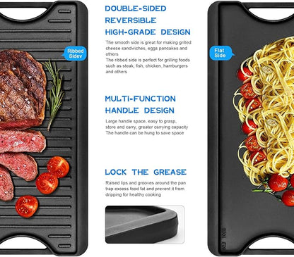GGC Cast Iron Reversible Griddle, 2-in-1 Griddle Pan for Gas Stove Tops, Gas Grills and Camping, 20 x 10.5 Flat and Ribbed Griddle Plate for Indoor and Outdoor Cooking