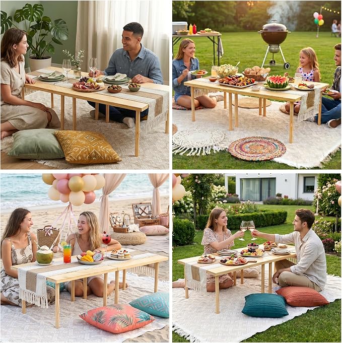 44"x30" Portable Boho Wooden Low Folding Picnic Table for Indoor Outdoor | Comes with Table Runner, Stable 8-leg Support & Thickened Structure, Thick Painted Tabletop Easy to Wipe, Fits 2-4 People