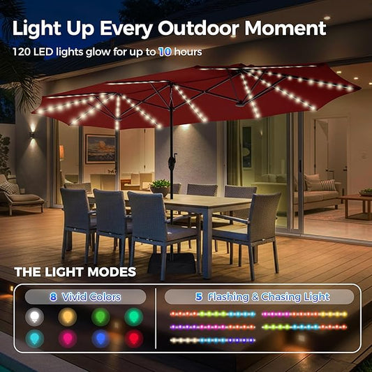 SUPERJARE 13ft Outdoor Patio Umbrella with Solar Lights, Double-sided Deck Pool Umbrella with 1.5 Inch Pole, Fade Resistant Canopy, 12 Sturdy Ribs, for Porch, Market, Backyard, Burgundy(No Base)