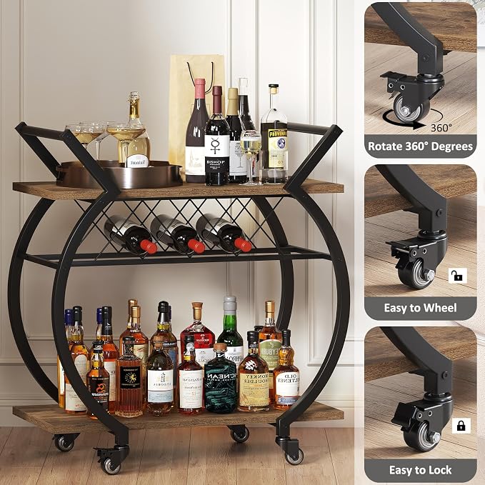 LVB Industrial Bar Cart, Beverage Serving Cart with Wheels, Rustic Brown | Modern Bar Cart with Wine Rack, Wooden Microwave Drink Liquor Cart for Dining Room, Coffee Liquor Drink Cart with Storage
