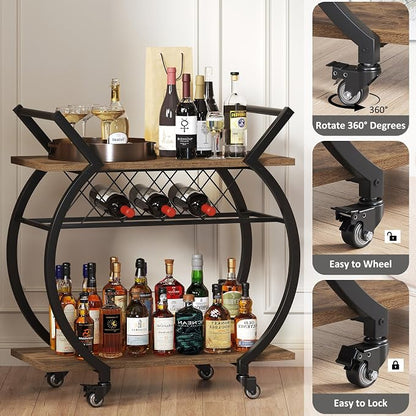 LVB Industrial Bar Cart, Beverage Serving Cart with Wheels, Rustic Brown | Modern Bar Cart with Wine Rack, Wooden Microwave Drink Liquor Cart for Dining Room, Coffee Liquor Drink Cart with Storage