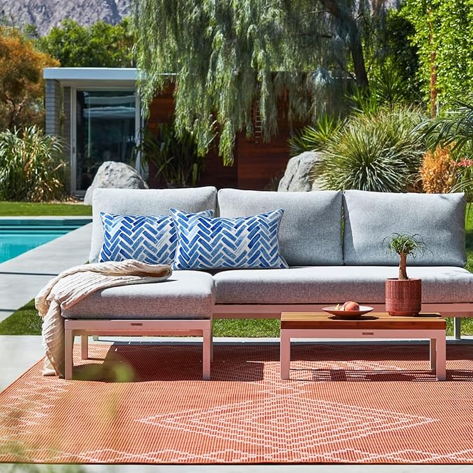 LVTXIII 2 Pack Outdoor Lumbar Pillow Covers 12x20 Inch with Piping, Water-Repellent Back Cushion Covers ONLY for Patio Furniture, Sofa, Garden Bench, Blue Bricks