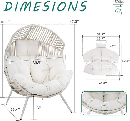 Shintenchi Wicker Egg Chair Outdoor Rattan Patio Chair with Cushion, Oversized Patio Lounge Chairs Egg Basket Chair, Egg Seat for Indoor Living Room Bedroom Outside Patio Backyard Balcony, White
