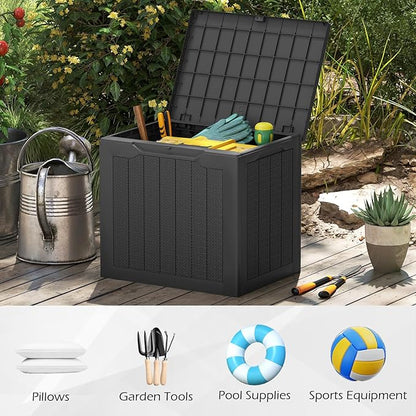 Giantex 25 Gallon Outdoor Storage Box, Patio Deck Box with Lockable Lid, Wicker-woven Texture, Waterproof Storage Bench for Pool Accessories, Garden Tools, Package Delivery, Patio Furniture (Black)